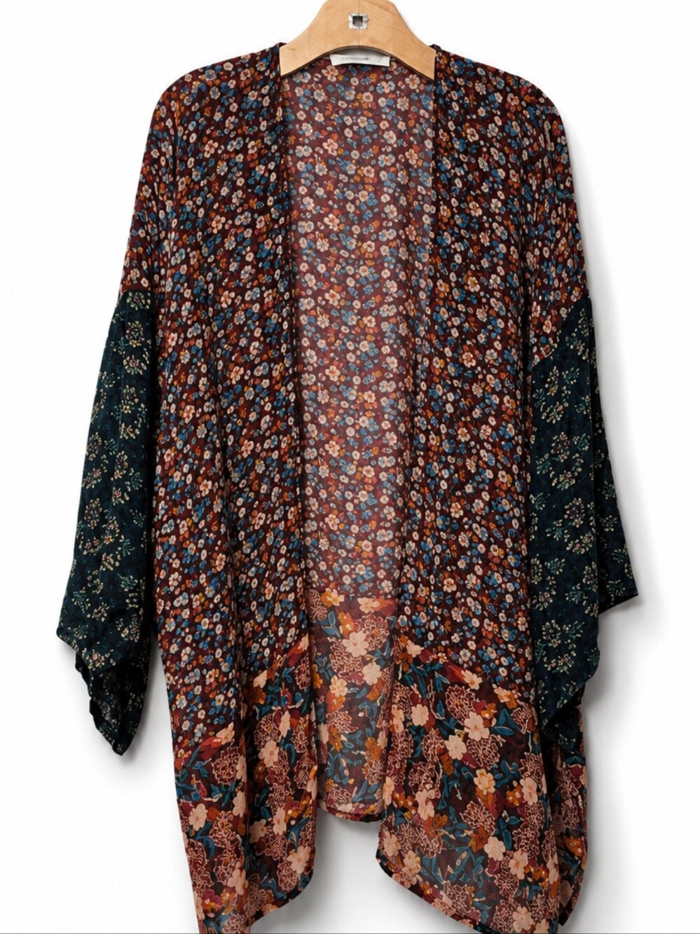 NATURAL LIFE Floral Patchwork Kimono Wrap in Rust, Dark Green & Blue Sz Med/All